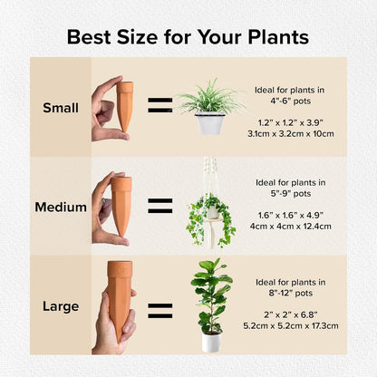 Plant Watering Spikes with Lids - Ideal for 8”-12” Pots - Vacation Friendly - Terracotta - Large - Set of 4