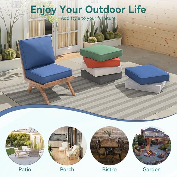 Outdoor Chair Cushions 23" x 24" x 4", Patio Deep Seat Replacement Cushions Set with Zippered Removable Cover, Weather-Resistant Olefin Fabric for Garden Chair Sofa Couch, Set of 2, Blue