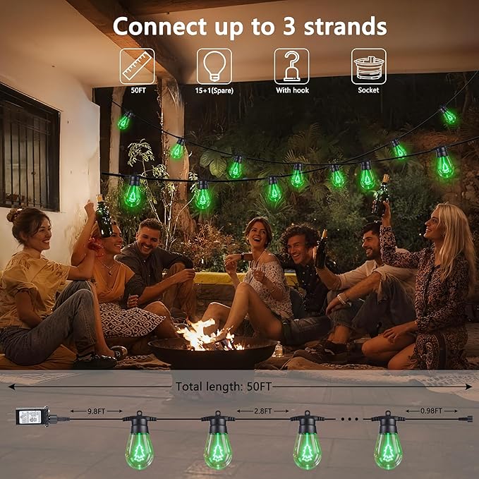 LED Christmas Lights, 50FT Patio Lights with 16Pcs Shatterproof S14 Bulb(1 Spare), 4 Lighting Mode, Connectable, Waterproof Green Edison Plastic Bulb Hanging Light for Yard Porch Christmas Décor