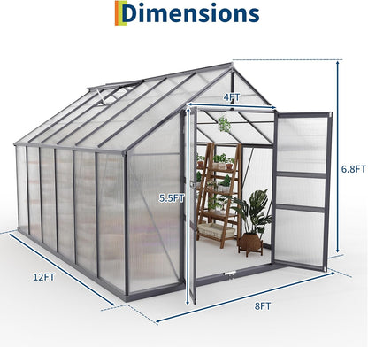 8×12FT Polycarbonate Greenhouse for Outdoors, Large Walk in Green House Kit and Winter Garden Planting, Enhanced Aluminum Green Houses for Outside to Protect Vegetables or Plants