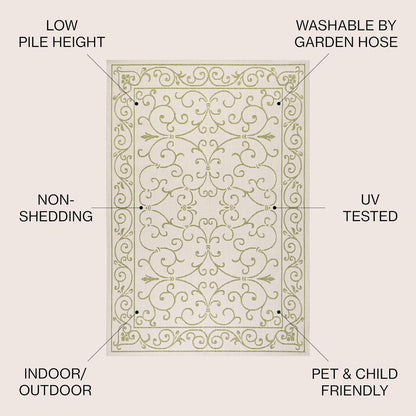 JONATHAN Y SMB106I-5R Charleston Vintage Filigree Textured Weave Indoor Outdoor Area Rug, Bohemian Coastal Traditional Easy Cleaning,Bedroom,Kitchen,Backyard,Patio,Non Shedding, 5' Round, Cream/Green