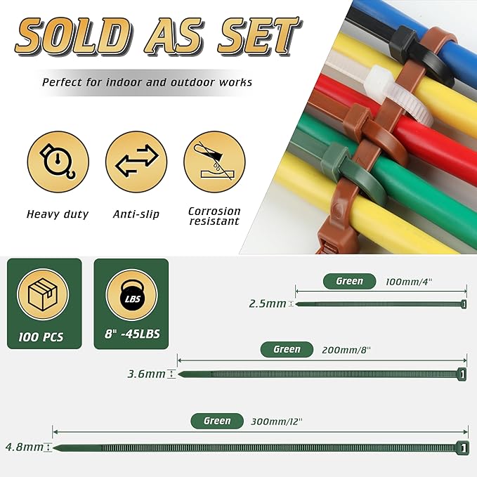 8 Inch PA66 Green Zip Ties, 100 Pcs 3.6mm Heavy Duty Plastic Wire Ties with 45 Lbs, Premium Self-locking Nylon Cable Ties Decoration Tie Wraps for Christmas Tree Gardening Fence Plants Grid Wall