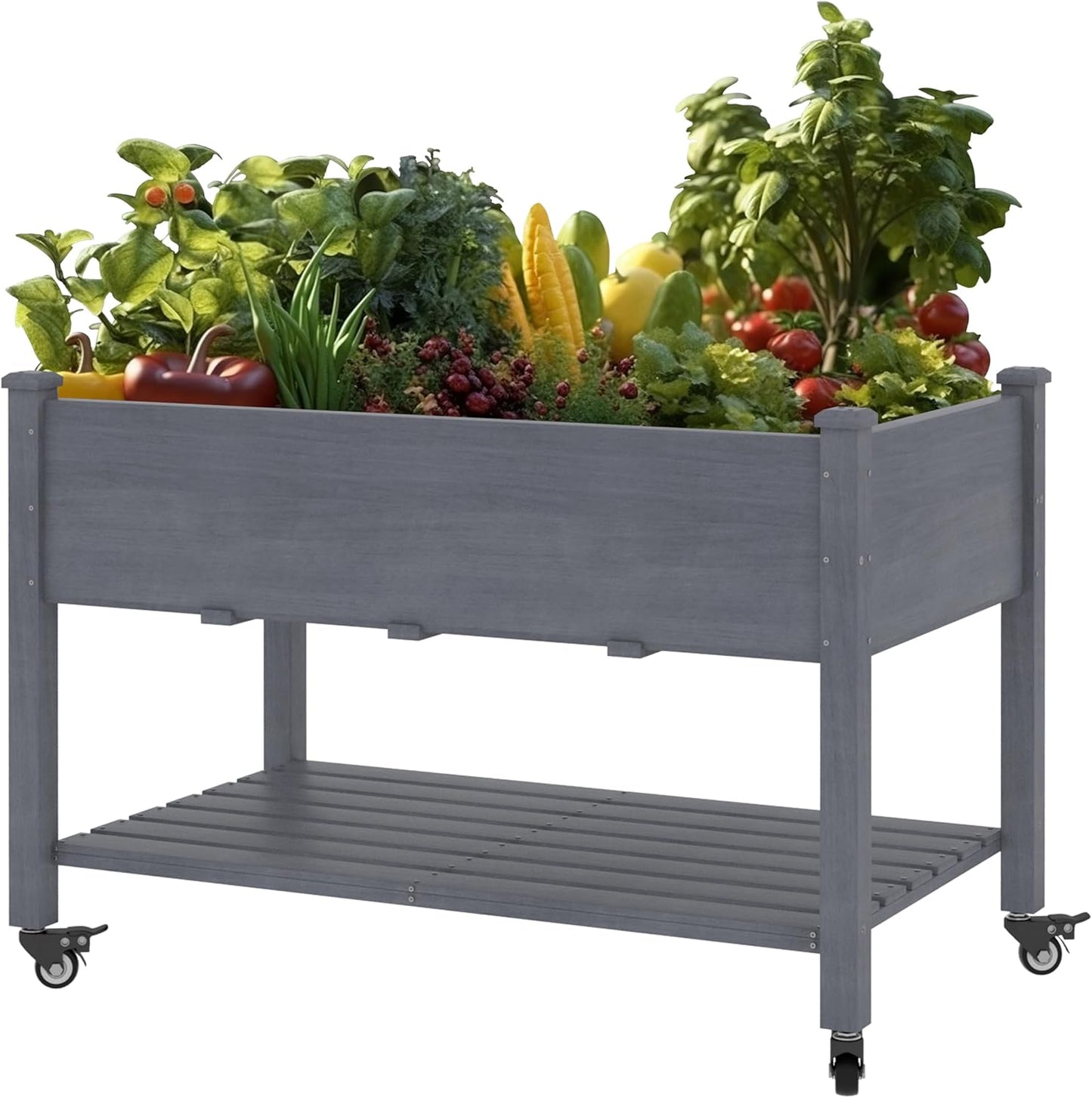 MUPATER 4 x 2 Raised Garden Bed, Elevated Garden Bed with Drainage Holes, Planter Box with Four Wheels and Legs for Herbs and Vegetables, Greenhouse, Garden, Farm, Gray