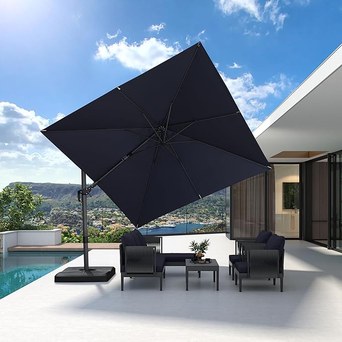 PURPLE LEAF 9.8' X 9.8' Left-right Tilting Patio Umbrella Outdoor Cantilever Swivel Square Umbrella Aluminum Offset Umbrella with 360-degree Rotation for Garden Deck Pool Patio Navy Blue