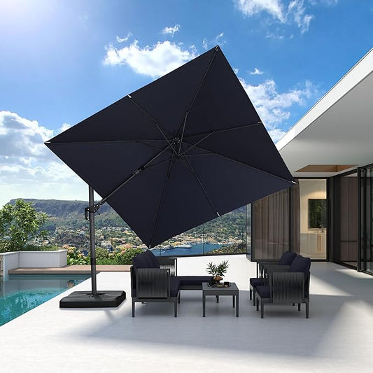 PURPLE LEAF 9.8' X 9.8' Left-right Tilting Patio Umbrella Outdoor Cantilever Swivel Square Umbrella Aluminum Offset Umbrella with 360-degree Rotation for Garden Deck Pool Patio Navy Blue