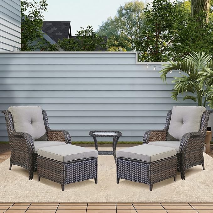 Rilyson Wicker Patio Furniture Set - 5 Piece Rattan Outdoor Sectional Conversation Sets with 2 Chairs,2 Ottomans and 1 Side Table for Porch Deck Garden(Brown/Grey)