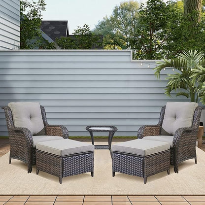 Rilyson Wicker Patio Furniture Set - 5 Piece Rattan Outdoor Sectional Conversation Sets with 2 Chairs,2 Ottomans and 1 Side Table for Porch Deck Garden(Brown/Grey)