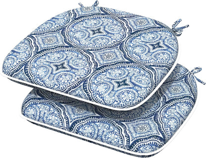 Indoor/Outdoor Chair Cushions 16x17 Inch, Patio Chair Cushions with Ties, All Weather Seat Cushions for Patio Furniture Home Garden Chair Use, Set of 2,Medallion Blue