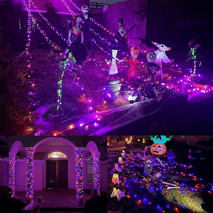 WATERGLIDE Extra Long 328FT Halloween Lights, 1000 LED Outdoor Fairy String Lights, Green PVC Copper Wire Christmas Light, Plug in 8 Modes & Waterproof for Tree Party Home Yard Decor, Orange&Purple