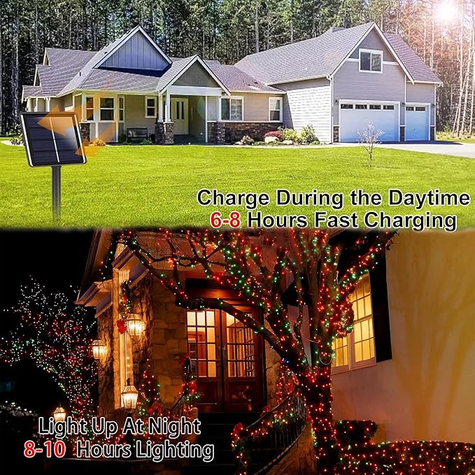 4 Pack 180FT Solar Christmas Lights Outdoor Waterproof, Super Bright 320 LED Solar String Lights with 8 Lighting Modes, Green Wire Twinkle Tree Light for Outside Xmas Party Decorations (Red and Green)