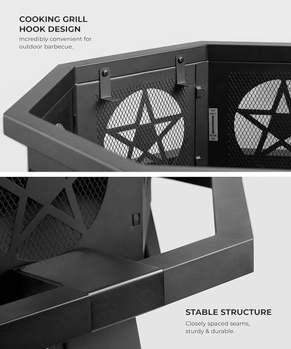 35 inch Fire Pit, Outdoor Fire Pit Wood Burning Fire Pits with Cooking Grill, Large Firepits for Outside Octagonal Heavy Duty Firepit with Poker for Bonfire, Backyard, Patio, Picnic, Camping