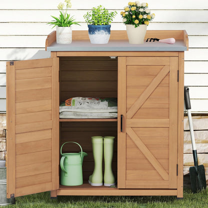 Outdoor Storage Cabinet & Potting Bench Table with Metal Top, Wooden Patio Furniture, Garden Workstation (Light Brwon, 39x31.5x17in)