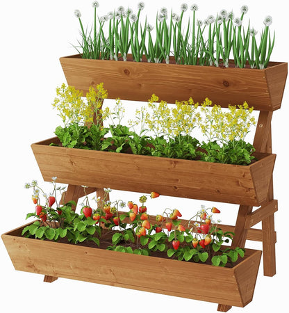 3-Tiers Wooden Raised Garden Bed Tiered Planter Box Vertical Garden Planter Wood Plant Stand for Patio, Balcony, Freestanding. (Brown L)
