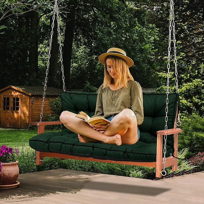 Swing Replacement Cushions with Backrest, 2 or 3 Seater Waterproof Non-Slip Overstuffed Swing Pad, Indoor/Outdoor Bench Cushion for Porch Chair Swings Garden Furniture (Dark green, 40 * 55 in)