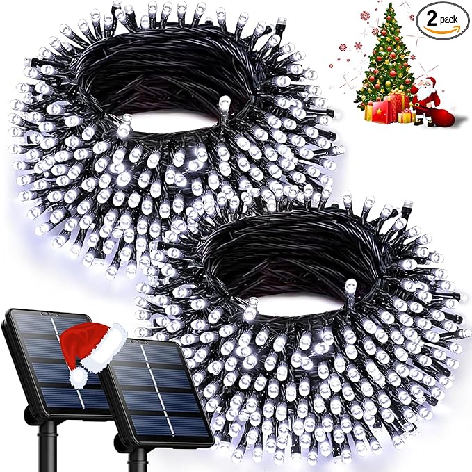 OZS 2PK 240LED Solar Sring Lights Outdoor Waterproof, Solar Christmas Lights for Outside, Green Wire Tree Electric Holiday Light with 8 Lighting Modes for Christmas Decorations(Cool White)