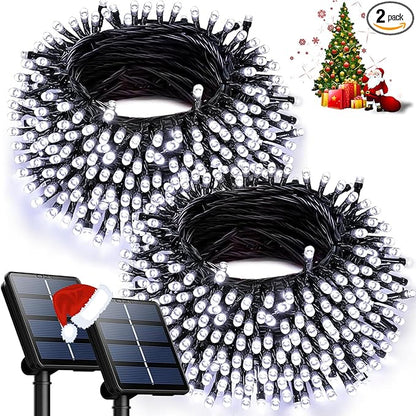 OZS 2PK 240LED Solar Sring Lights Outdoor Waterproof, Solar Christmas Lights for Outside, Green Wire Tree Electric Holiday Light with 8 Lighting Modes for Christmas Decorations(Cool White)