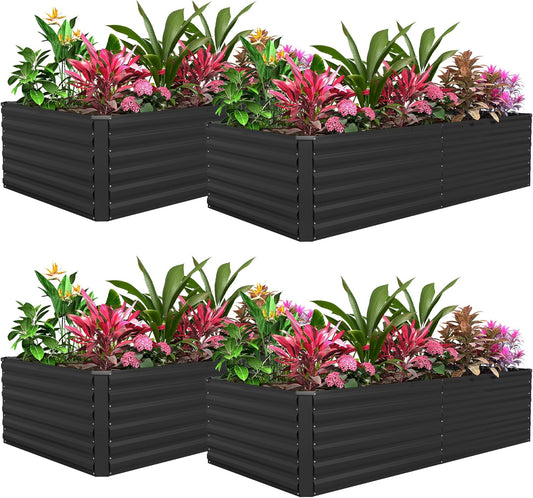 FOOWIN 4pcs 6x3x2ft Galvanized Raised Garden Bed, Planter Raised Garden Boxes Outdoor, Large Metal Raised Beds for Gardening, Garden Bed for Vegetables, Flowers, Herb,269 Gallon Capacity, Black