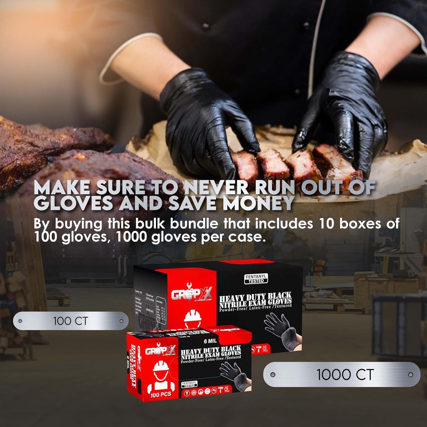 Heavy Duty 6 Mil Black Nitrile Gloves - Disposable, Latex & Powder Free | Mechanic, Food Prep & Tattoo | Rubber Gloves for Cooking, Cleaning & Household | Pack of (100)