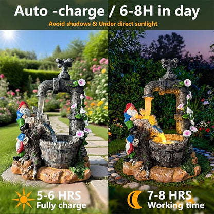 Solar Garden Gnomes Statues Outdoor Yard Decorations, 10" Resin Fountain Gnome Outside Christmas Art Decor for Lawn Patio Porch Backyard,Unique Housewarming Gifts for Women Mom Grandma
