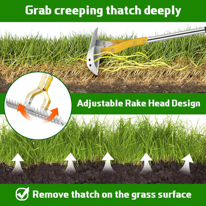 Thatch Rake, 15 Inch Wide Lawn Thatching Rakes for Cleaning Dead Grass, Efficient Metal Steel Lawn Dethatcher with Sponge Handle, Lawn loosening Soil Grass Rake (Silver)