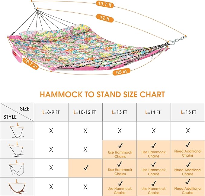 Lazy Daze Hammocks 12 FT Quilted Fabric Hammock with Curved Aluminium Spreader Bar, Outside Double Thickened Hammock with Soft Pillow, Side Pocket 450 Lbs Capacity for Patio, Poolside, Floral
