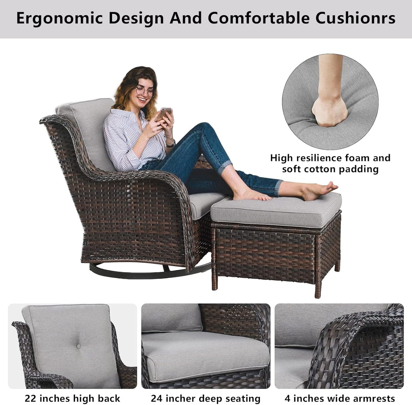 Outdoor Furniture Sectional Sofa L Shaped Couch - Patio Wicker Set with 2 Swivel Glider Chairs, 8 Piece Rattan Patio Conversation Sets with Gray Cushion for Deck Backyard Sunroom Grey Cushion