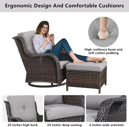 Outdoor Furniture Sectional Sofa L Shaped Couch - Patio Wicker Set with 2 Swivel Glider Chairs, 8 Piece Rattan Patio Conversation Sets with Gray Cushion for Deck Backyard Sunroom Grey Cushion