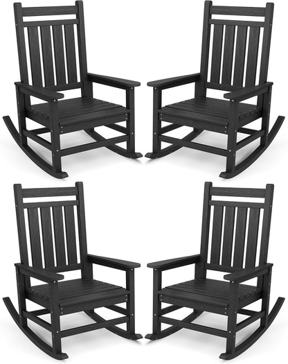 SERWALL Oversized Outdoor Rocking Chair Set of 4, HDPE Rocker for Adults, Patio Rocking Chairs for Porch, Black