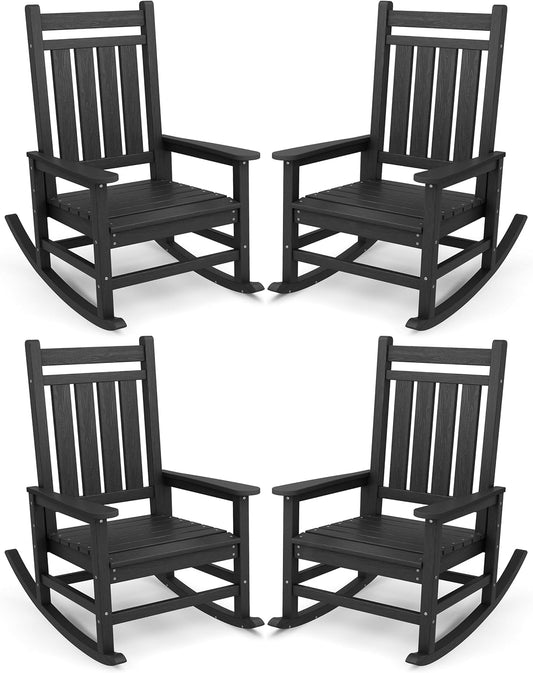 SERWALL Oversized Outdoor Rocking Chair Set of 4, HDPE Rocker for Adults, Patio Rocking Chairs for Porch, Black