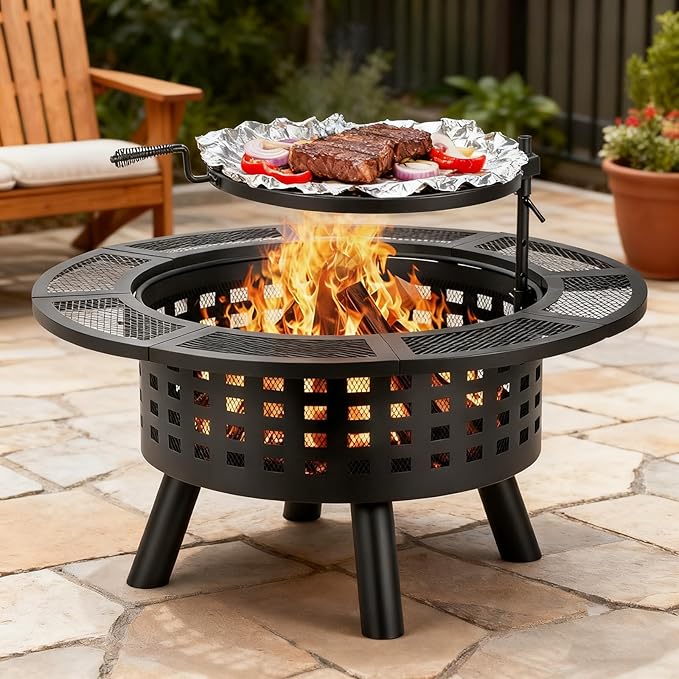 36 inch Outdoor Fire Pit with Grill,Wood Burning Fire Pits for Outside with Lid & Fire Poker,Metal 3-in-1 Firepit Table with Cooking Grate,Outdoor Firepit for Yard,Bonfire,Patio(Charcoal)