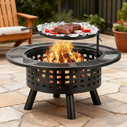 36 inch Outdoor Fire Pit with Grill,Wood Burning Fire Pits for Outside with Lid & Fire Poker,Metal 3-in-1 Firepit Table with Cooking Grate,Outdoor Firepit for Yard,Bonfire,Patio(Charcoal)