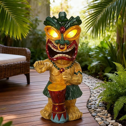 Solar Tiki Garden Statue with LED Eyes Outdoor Polynesian Drummer Hawaiian Party Decor Solar Light Ornament for Patio Porch Lawn Tiki Bar or Tiki Lover Funny Stocking Stuffers Gifts
