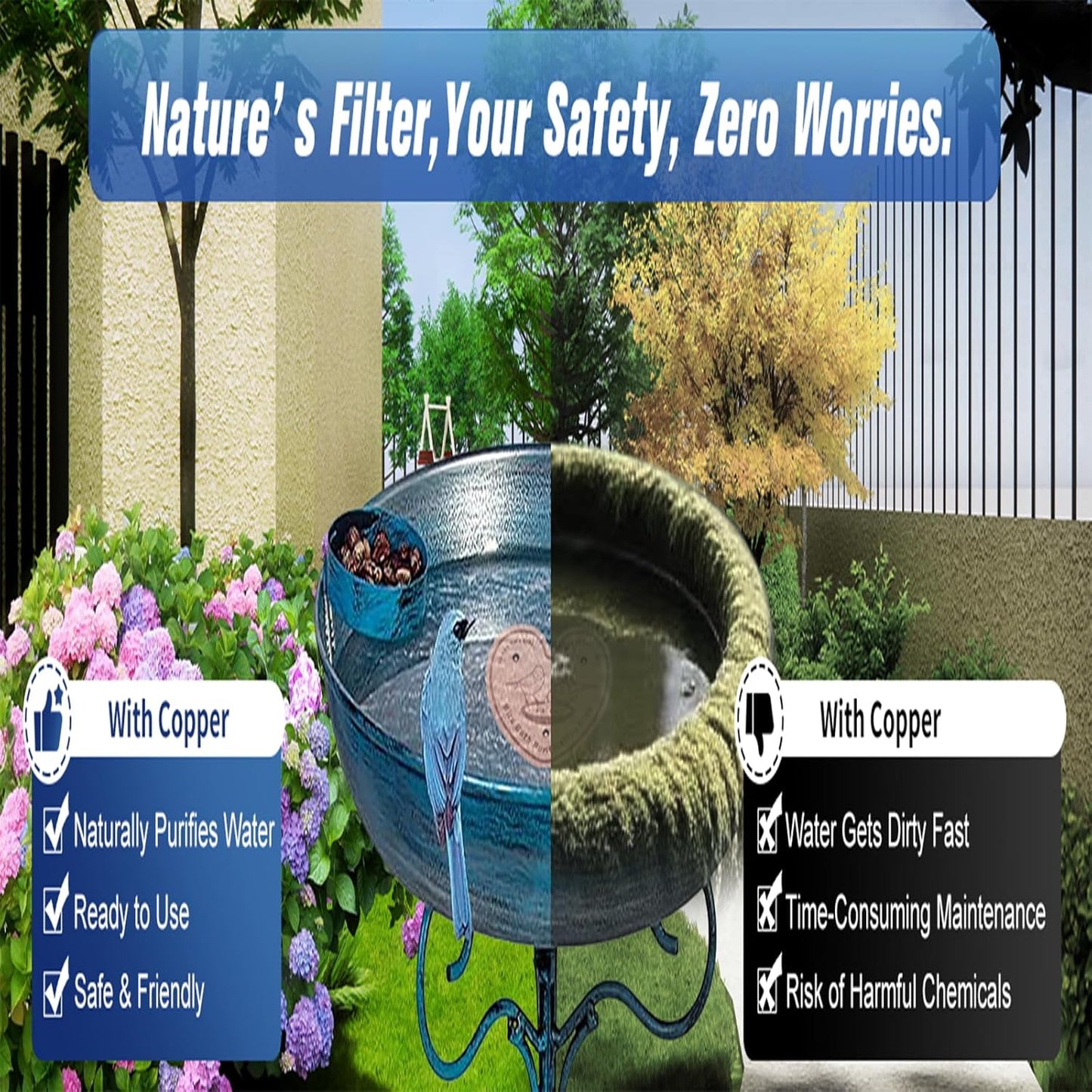 3-Pack 99.99% Pure Copper Bird Bath Purification Disk,Copper Disc with Stable Triple-Point Support,Fits All Outdoor Bird Baths(Heart-Shaped)