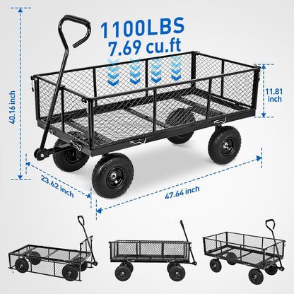 Yesker Steel Garden Carts - 1100lbs Dump Wagon with All Terrain Inflatable Wheels for Yard Lawn Farms Gardening - Heavy Duty Utility Outdoor Hauling Wheelbarrow