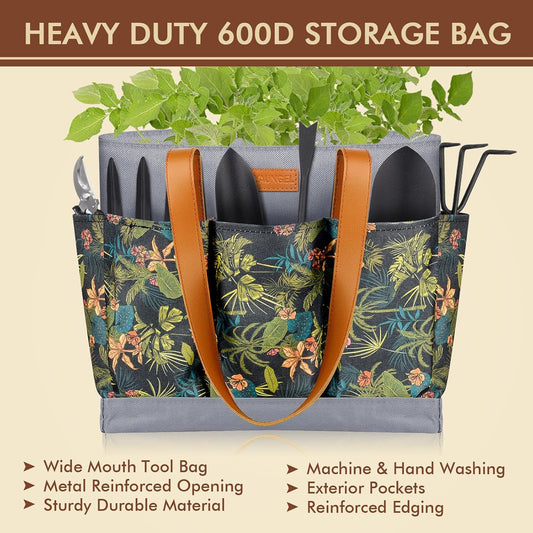 YAUNGEL Garden Tools - 10Pcs Garden Tool Set Heavy Duty Stainless Steel Gardening Supplies Hand Tools with Wooden Handle, Storage Tote Bag, Ideal Gardening Gifts for Women and Men, Black