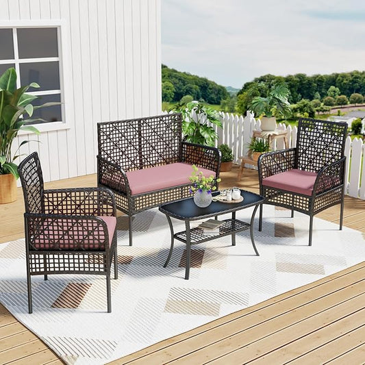 4-Piece Patio Furniture Set, Weather-Resistant Rattan Patio Conversation Set with Two-Tier Coffee Table, Upholstered Openwork Wicker Furniture for Porch, Garden, Lawn, Red
