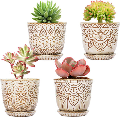 Gepege Succulent Pots, 4 Inch Small Indoor Ceramic Planter Pot with Drainage Holes and Saucers for Plants- Creamy White - Set of 4