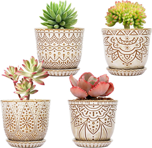 Gepege Succulent Pots, 4 Inch Small Indoor Ceramic Planter Pot with Drainage Holes and Saucers for Plants- Creamy White - Set of 4