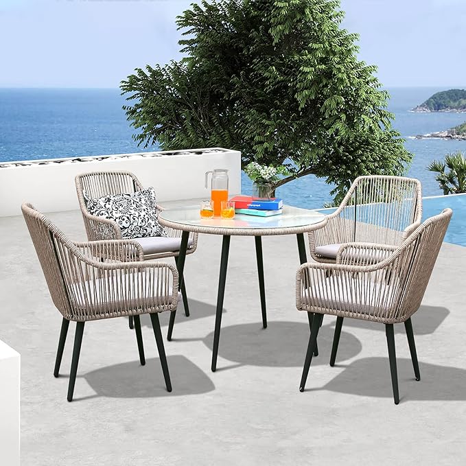 Patiorama 5-Piece Patio Dining Set, Outdoor Dining Table Chair Set, All-Weather Twisted Rattan Wicker Rope Conversation Set, Patio Furniture Set w/Umbrella Hole, 4 Cushioned Chairs&Glass Table(Tan)
