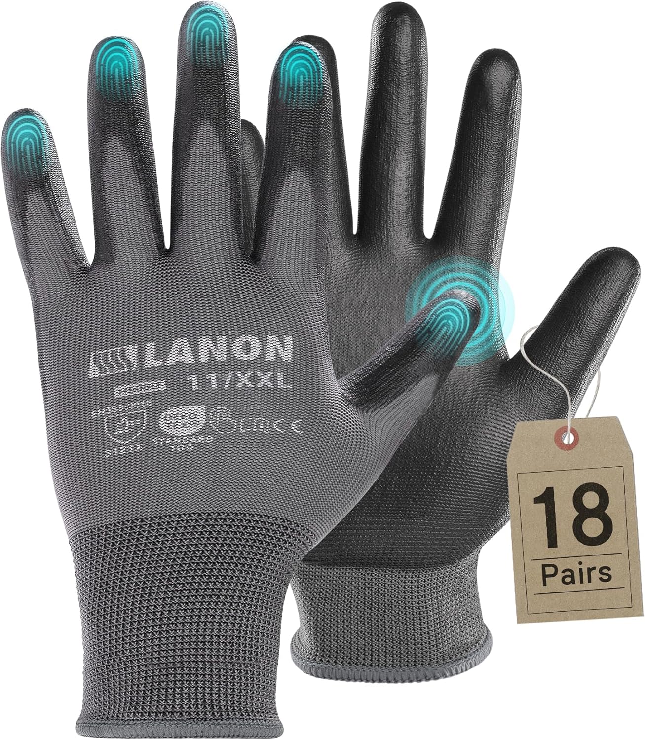 LANON 18 Pairs Safety Work Gloves, Mechanic Working Gloves for Men,Breathable PU Coated, Seamless Knit,Double Wash, Grey, XXL