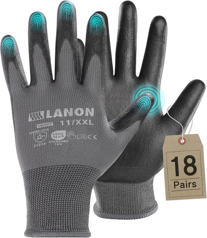 LANON 18 Pairs Safety Work Gloves, Mechanic Working Gloves for Men,Breathable PU Coated, Seamless Knit,Double Wash, Grey, XXL