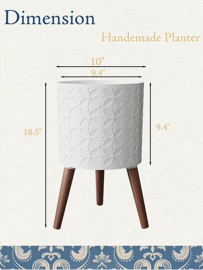 10 Inch Planter Pot with Stand, Planter for Indoor Plants, Modern Large Flower Planter Pot with Drainage Holes for Outdoor,Matte White