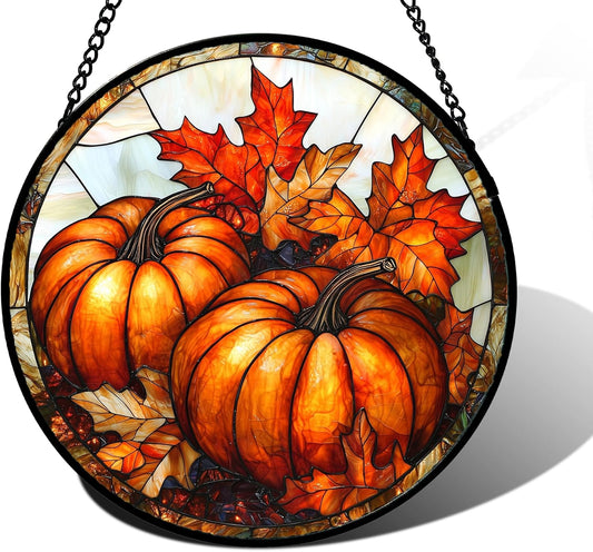 Stained Glass Window Hanging, Pumpkin Maple Leaf Suncatcher for Doors Home Sun Catchers Decoration and Christmas, Mother's Day Birthday Gifts for Women, Men, and Mom 9.8 in