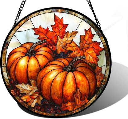 Stained Glass Window Hanging, Pumpkin Maple Leaf Suncatcher for Doors Home Sun Catchers Decoration and Christmas, Mother's Day Birthday Gifts for Women, Men, and Mom 7.8 in