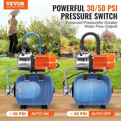 VEVOR 1.6 HP Shallow Well Pump With Pressure Tank, 1320 GPH, Automatic Irrigation Water Booster, 5-Gal Tank 30/50 PSI Switch, Stainless Steel Head for Home Garden Lawn