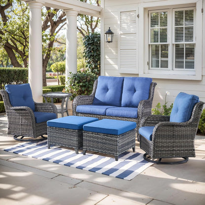 Outdoor Wicker Patio Furniture Set - 6 Piece Rattan Patio Conversation Set with 2 Rocking Swivel Chairs,2 Ottomans,1 Loveseat and 1 Side Table for Porch Deck Backyard Garden(Mixed Grey/Blue)