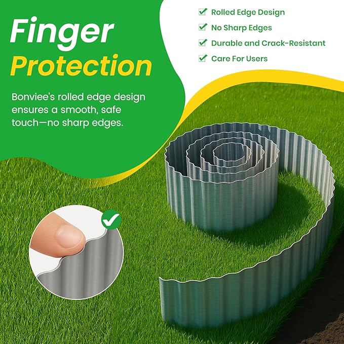 Bonviee 8” x 20’ Metal Landscape Edging Border Kit, Corrugated Garden Edging for Flower Bed, Lawn, Walkways, No Dig Paver Edging for Landscaping, Durable Garden Border Edging (Silver, 8In x 20Ft)