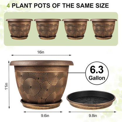 16 Inch Large Planter Pot for Plants Indoor Outdoor, 4 Pack Plastic Flower Pots with Drainage Hole & Tray, Modern Decorative Garden Pot with Saucer, Plant Container for House