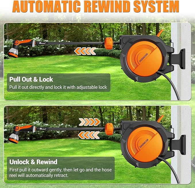 5/8" x 75 ft Retractable Hose Reel, Heavy Duty Retractable Garden Hose Reel Wall Mounted with 10-Pattern Hose Nozzle/Any Length Lock/Slow Return System/180°Swivel Bracket,Orange