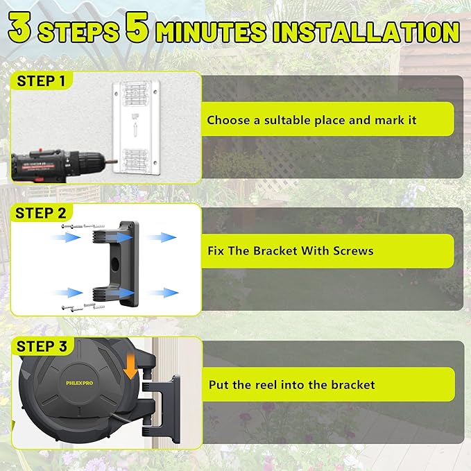 Retractable Garden Hose Reel 1/2 in x 160Ft Extra Long,Heavy Duty Automatic Water Hose Reel Wall Mounted with 10 Pattern Nozzle, Any Length Lock, Slow Return System, 180°Swivel Bracket